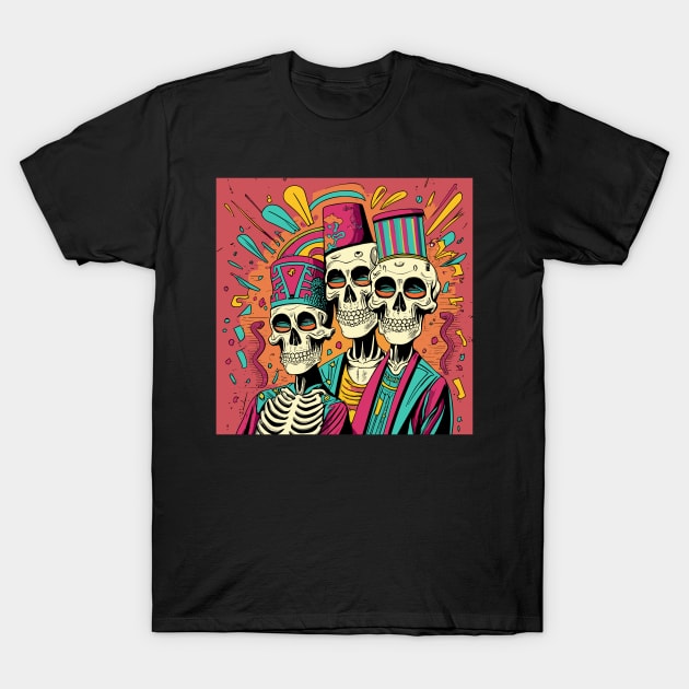 3 skeletons with fez T-Shirt by Kingrocker Clothing